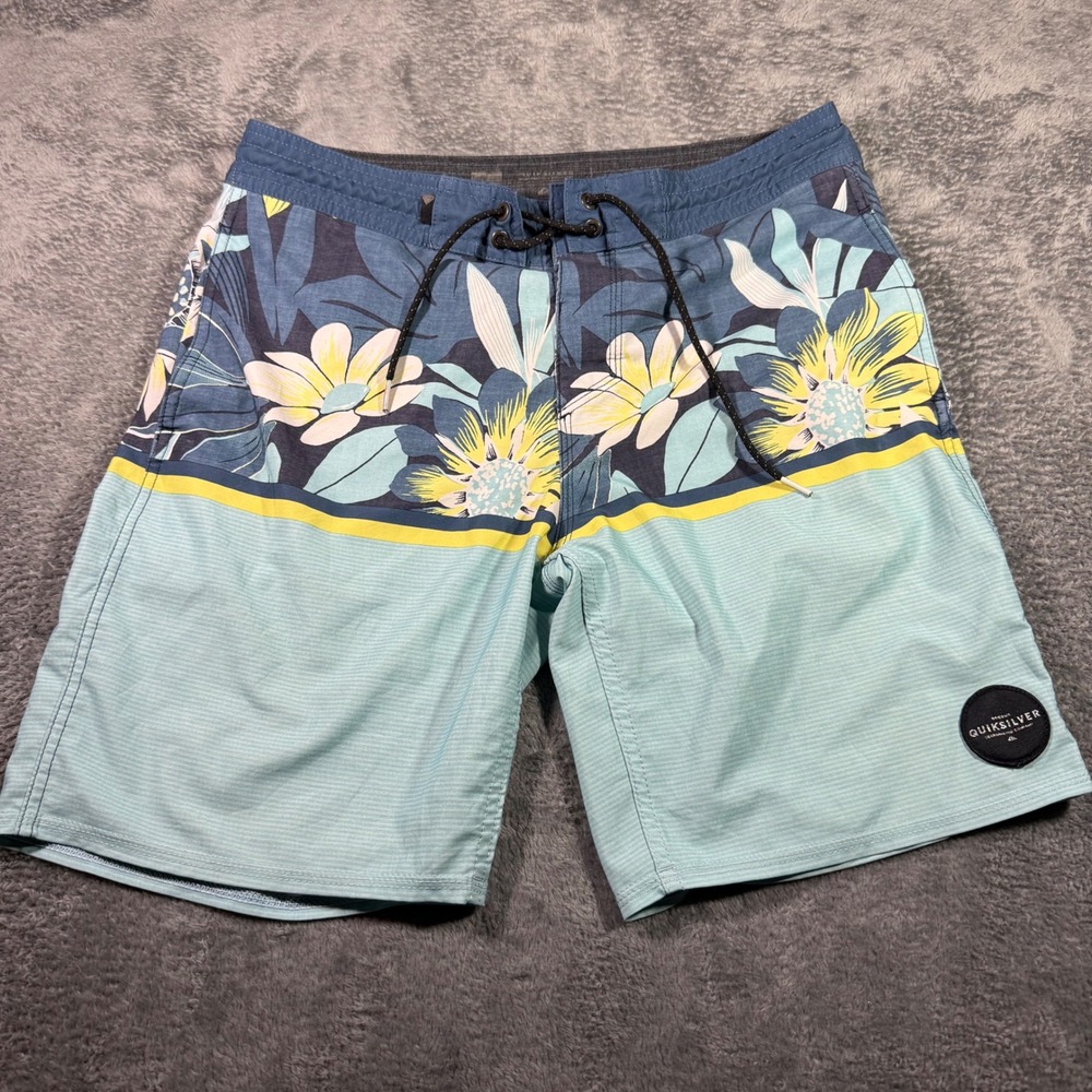 Quiksilver Mens Floral Striped Board Shorts Blue Yellow Size 33 Swim Trunks